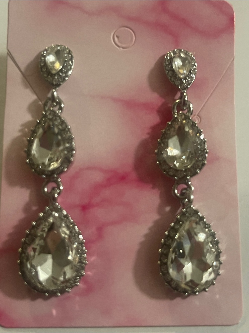 Crystal Teardrop Dangle Earrings - Clear Silver Tone